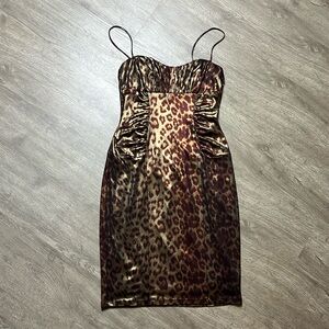 David Meister Leopard‎ Silky Satin Cocktail Ruched Fitted Mini Dress